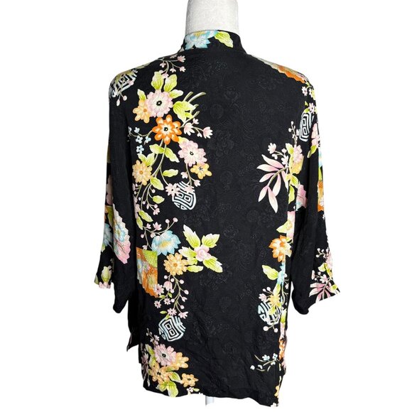 Silk Button Down Kimono Style Blouse Large Black Floral Mandarin Collar - Picture 4 of 6